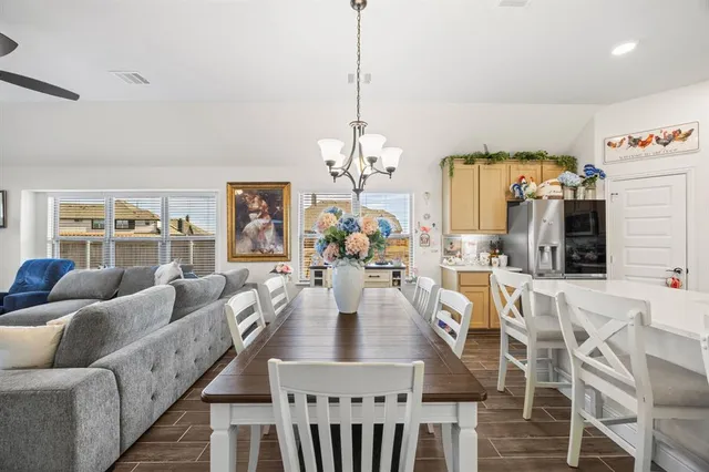 a view of a dining room with furniture window and outside view