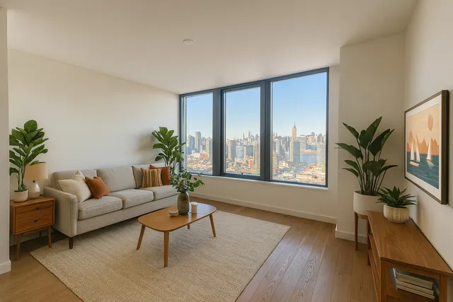 a living room with furniture potted plant a window and a flat screen tv