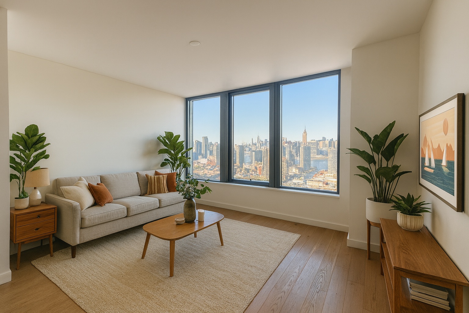 3 Court Square, Unit 3912 Queens, NY 11101 - Photo 1 of 13 a living room with furniture potted plant a window and a flat screen tv