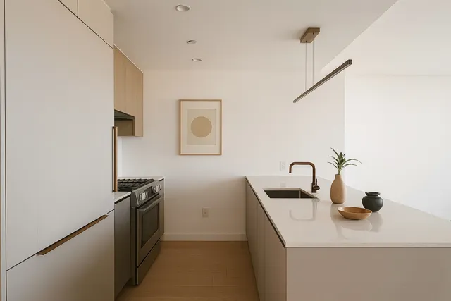 a close view of a sink a counter space and stainless steel appliances