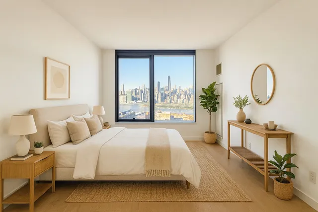 a spacious bedroom with a bed a mirror and a large window