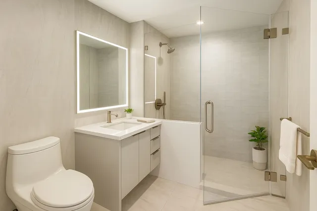 a bathroom with a sink a toilet and shower