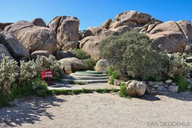 a view of a backyard with plants and outdoor seating