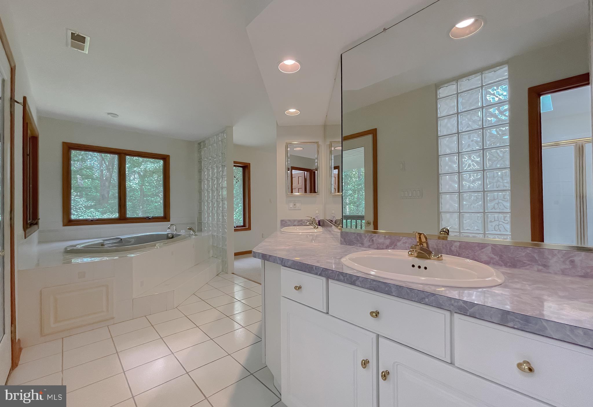 3050 Ross Road St. Leonard, MD 20685 - Photo 44 of 87 a bathroom with a granite countertop sink a large mirror and a bathtub