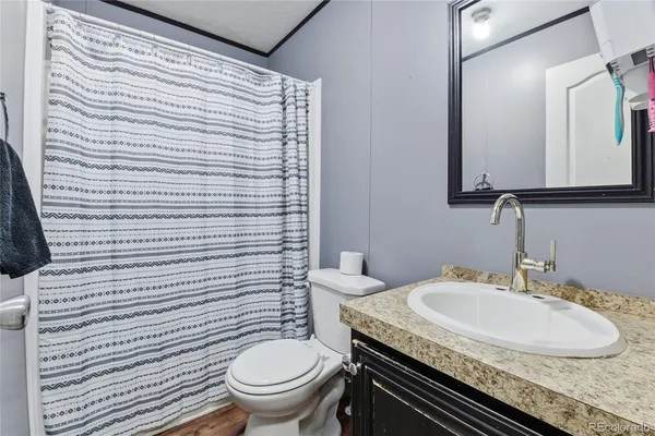 a bathroom with a granite countertop sink toilet and mirror
