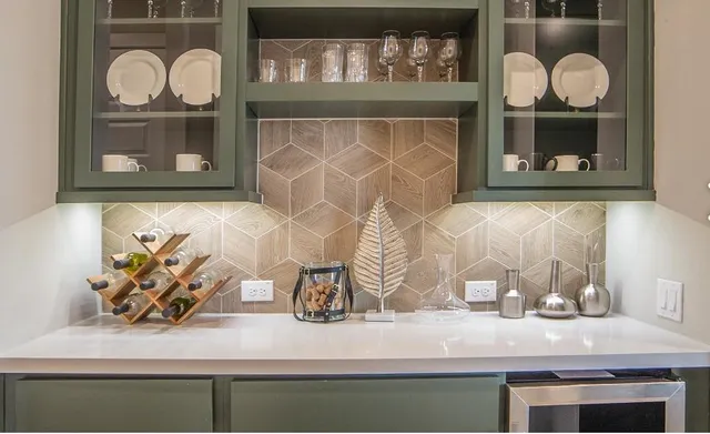 a front view of a fireplace with wooden floor