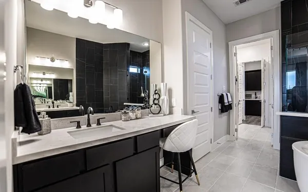 a bathroom with a sink double vanity and a mirror