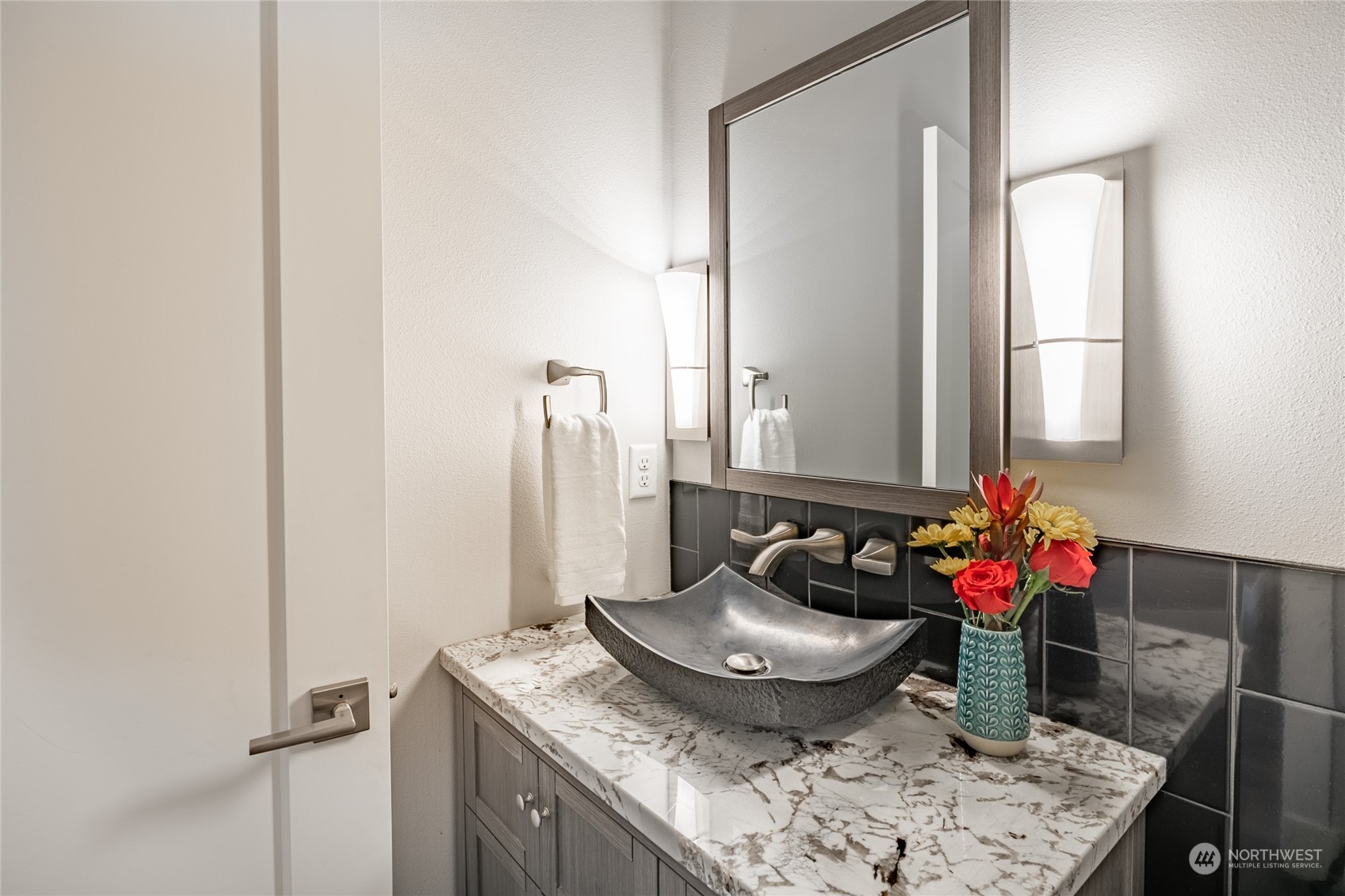5433 Canvasback Road Blaine, WA 98230 - Photo 29 of 34 a bathroom with a granite countertop sink and a mirror