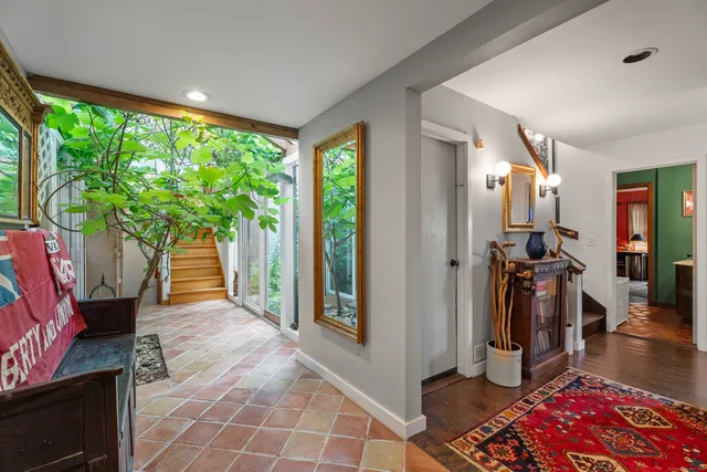 a living room with a large window