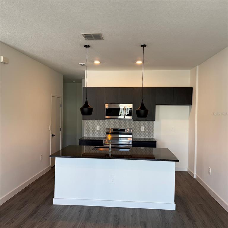3245 Sustainable Way Kissimmee, FL 34747 - Photo 7 of 35 a kitchen with kitchen island a sink a stove and wooden floor