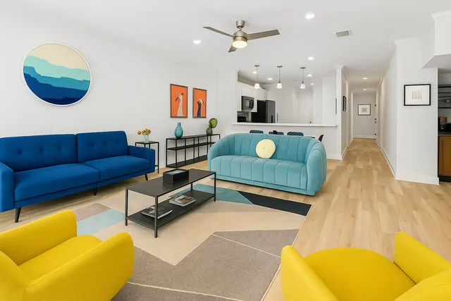 a living room with furniture and a wooden floor