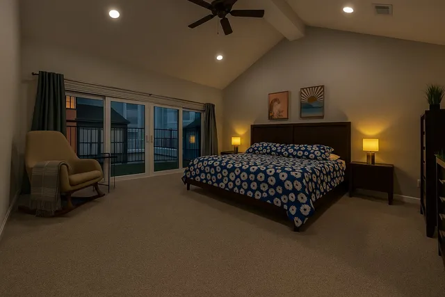 a bedroom with a bed and a couch