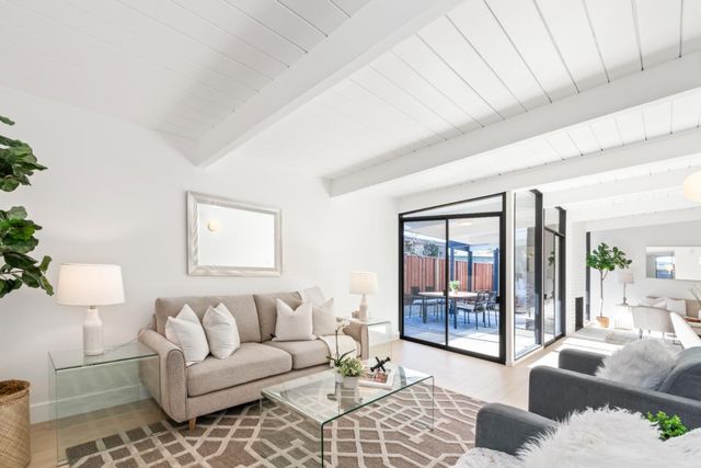 a living room with furniture and a potted plant