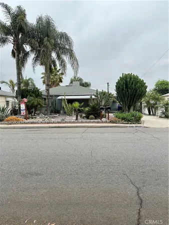 a street view with large trees and cars parked