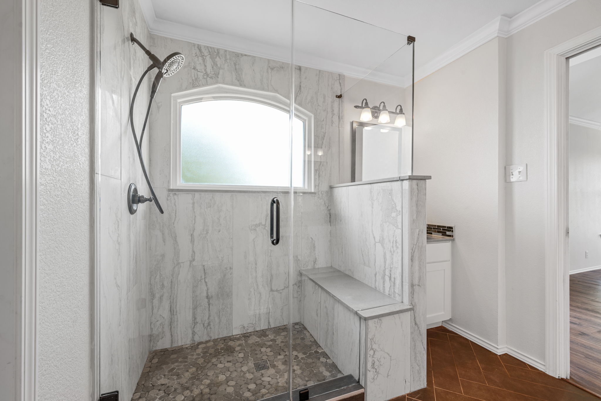 2440 Madeline Loop Cedar Park, TX 78613 - Photo 21 of 33 Full bathroom featuring crown molding, vanity, and a marble finish shower