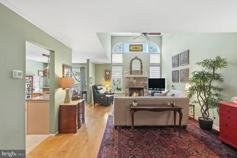 a living room with furniture a fireplace and a potted plant