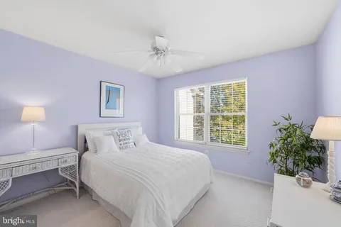 a bedroom with a large bed and a potted plant