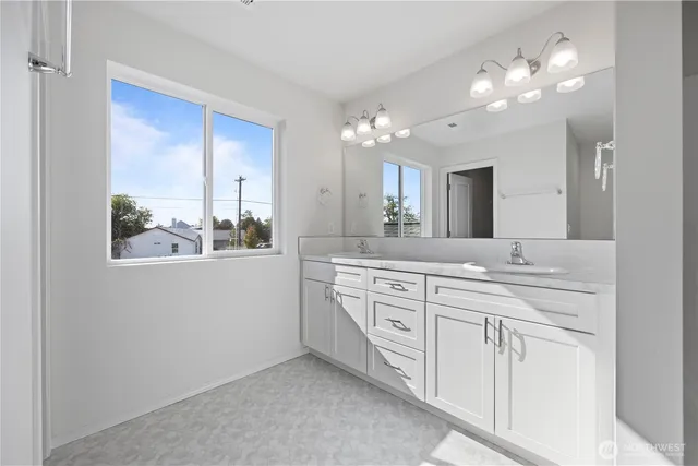 a bathroom with a sink vanity and mirror