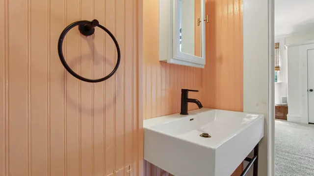 a bathroom with a sink and a mirror