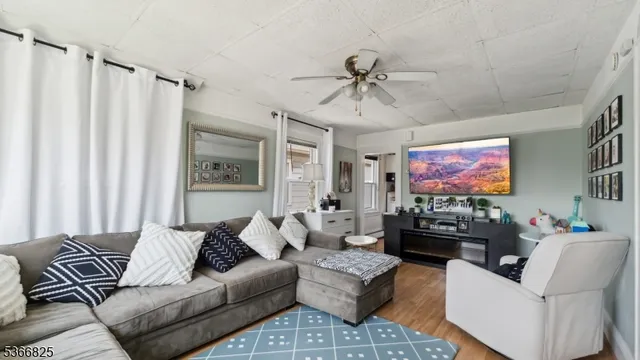 a living room with furniture a ceiling fan and a rug