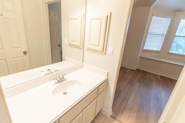 a bathroom with a sink a mirror and a shower