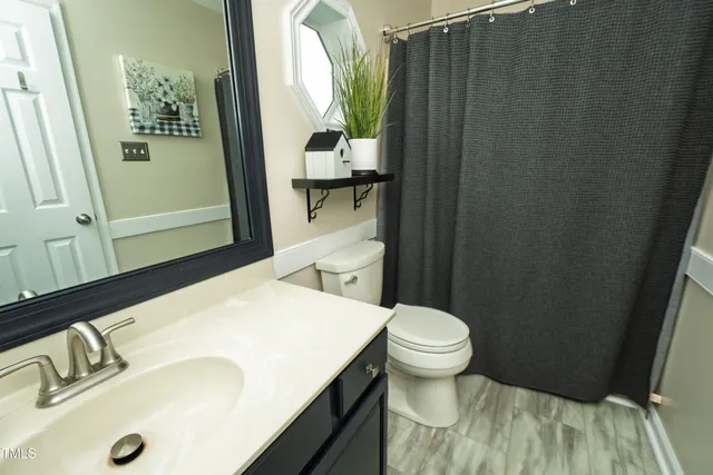 a bathroom with a sink a toilet and shower curtain