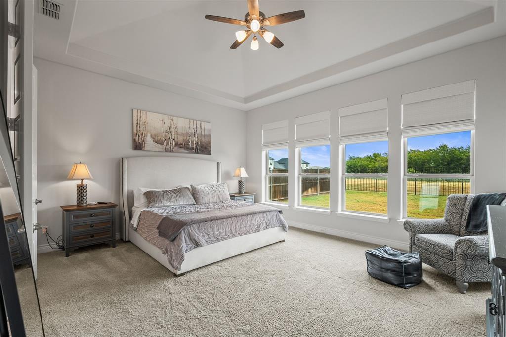11504 Antler Ridge Way Argyle, TX 76226 - Photo 23 of 40 Finally, the primary suite!! Stop and take it all in. The windows, the shades, the comfy soft carpet, the heigh of the ceilings, and the size of the space! Oh, and don't forget the views of your backyard, into the greenspace!