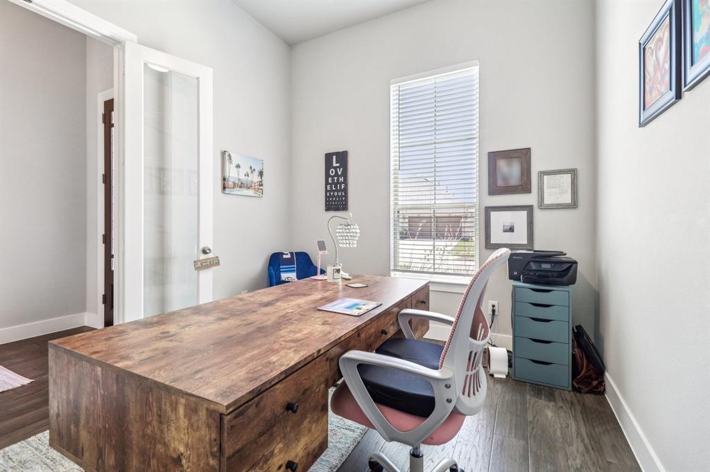 847 Longbranch Way Little Elm, TX 76227 - Photo 14 of 39 Office area with baseboards and dark wood-style floors