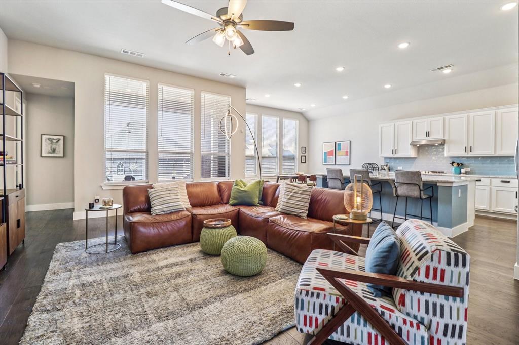 847 Longbranch Way Little Elm, TX 76227 - Photo 6 of 39 Living room featuring dark wood finished floors, recessed lighting, and a ceiling fan