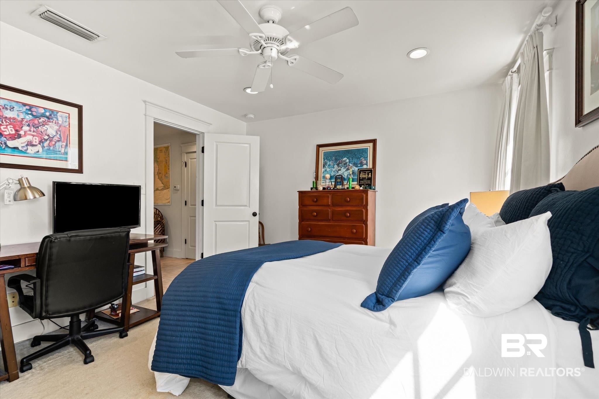 3921 McGregor Court Mobile, AL 36608 - Photo 30 of 41 Bedroom featuring recessed lighting, visible vents, light carpet, and a ceiling fan