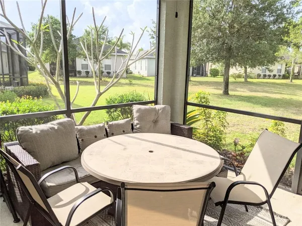 a view of a chairs and table in patio