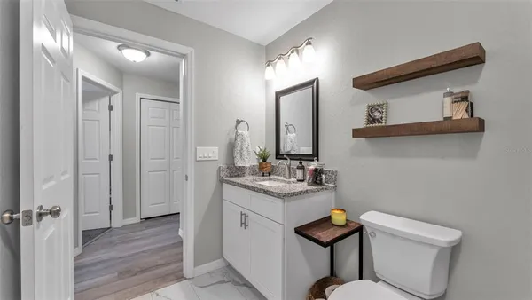 a bathroom with a sink a toilet and mirror