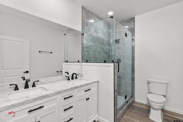 a bathroom with a granite countertop sink a toilet and a mirror