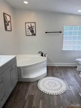 a bathroom with a bathtub and a toilet