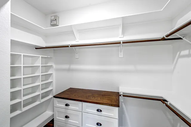 a storage room with cabinets