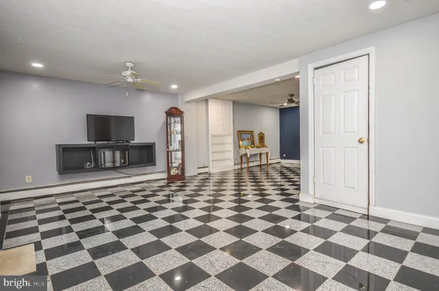 a view of a black and white checkered floor