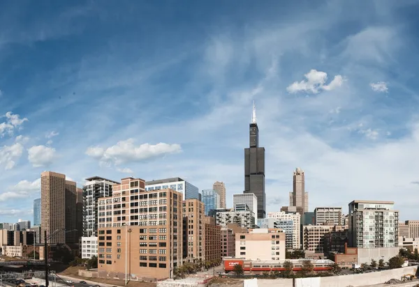 a city view with tall buildings