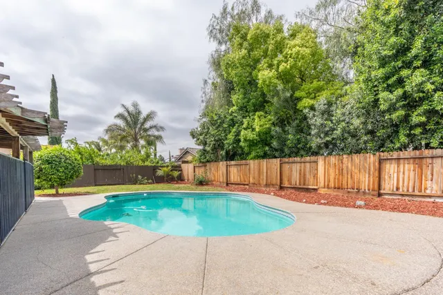a view of a swimming pool with a patio and plants
