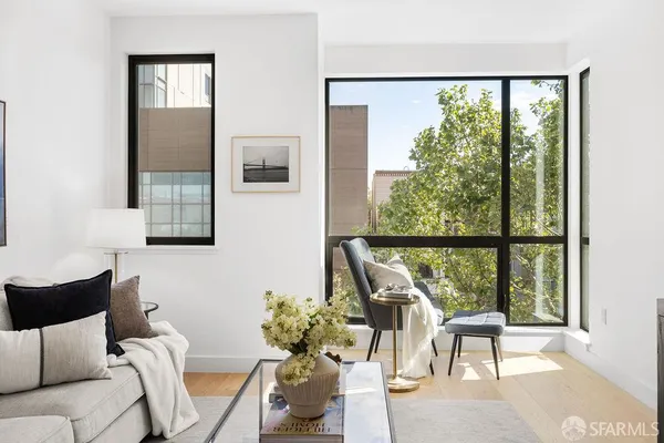 a living room with furniture and a potted plant
