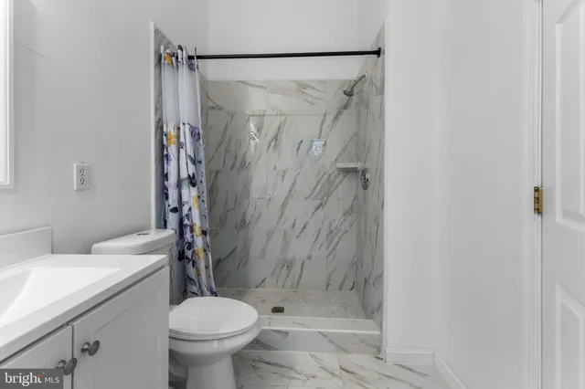 a bathroom with a shower and a toilet