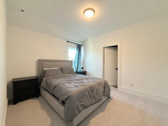 a bedroom with a bed and a closet