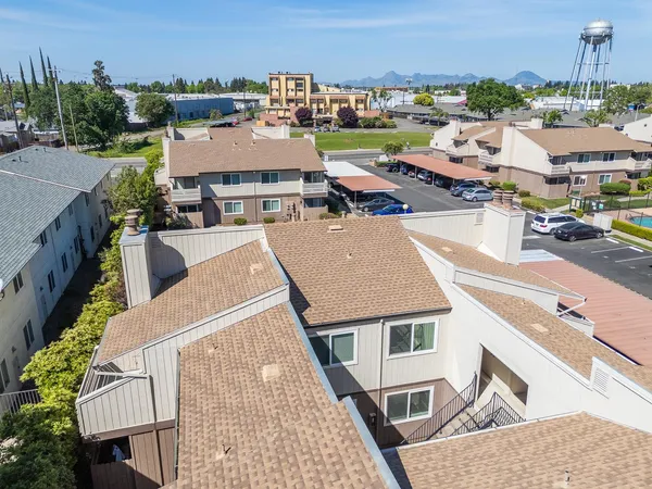 an aerial view of a residential houses