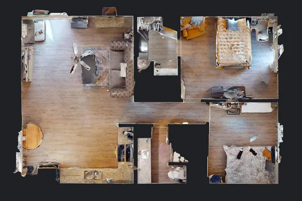 an aerial view of a house with a fireplace