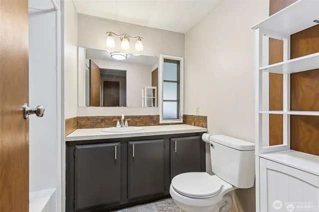 a bathroom with a toilet a sink and mirror