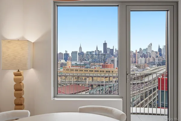 a view of a city from a living room