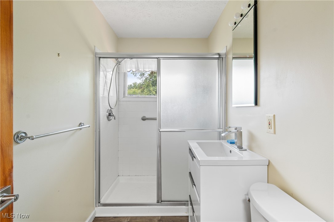 1067 Munroe Falls Kent Road Kent, OH 44240 - Photo 15 of 31 Bathroom featuring a shower with shower door, vanity, a textured ceiling, and toilet