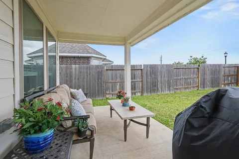 a garden view with a seating space