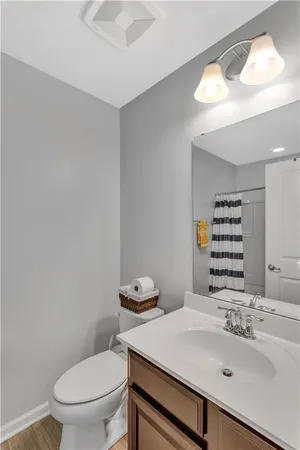 a bathroom with a sink a toilet and mirror