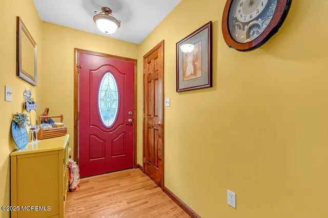 a view of a hallway with painted walls