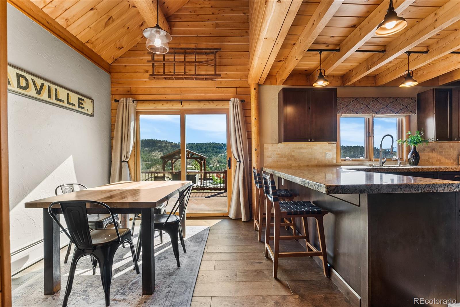 685 Jesse Lane Bailey, CO 80421 - Photo 9 of 50 a dining hall with stainless steel appliances granite countertop a table chairs and a refrigerator